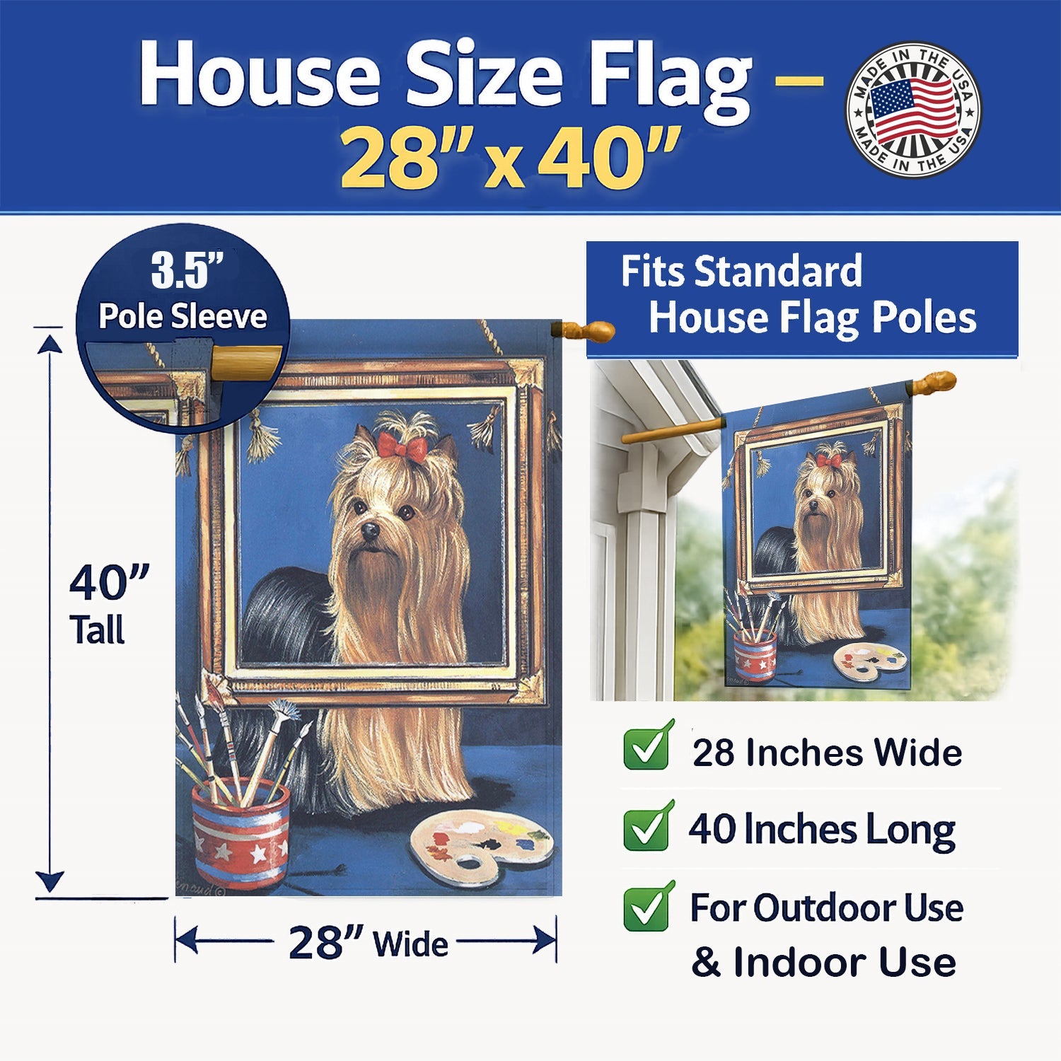 Yorkie Pretty as a Picture House Flag 28x40 Porch Sleeve Pole Decorative Outside Yard Banner Artwork Wall Hanging, Polyester