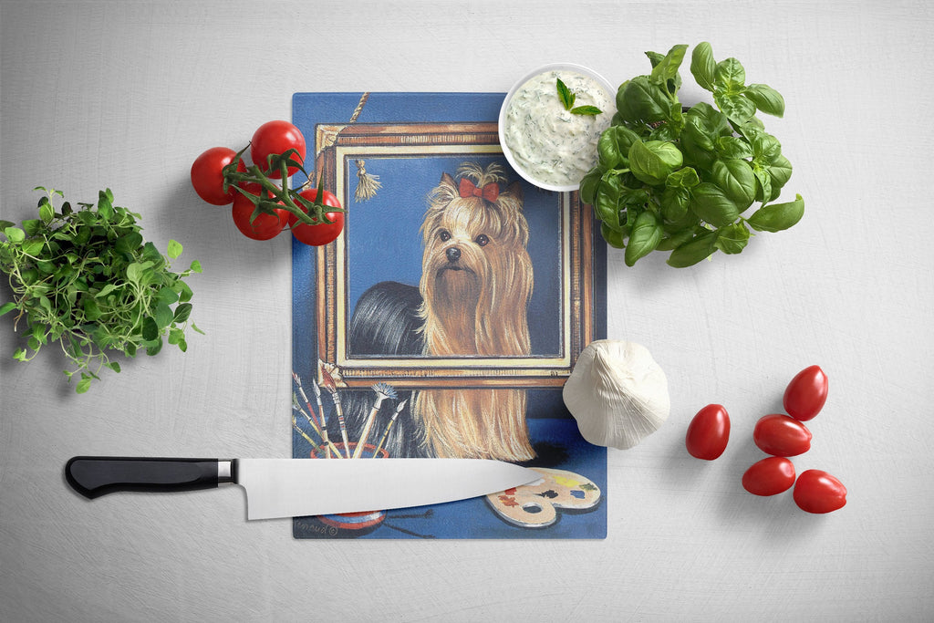Yorkie Pretty as a Picture Cutting Board Tempered Glass Kitchen Cutting Surface, Heat Resistant Chopping, Non-Slip Feet, Food Prep & Serving