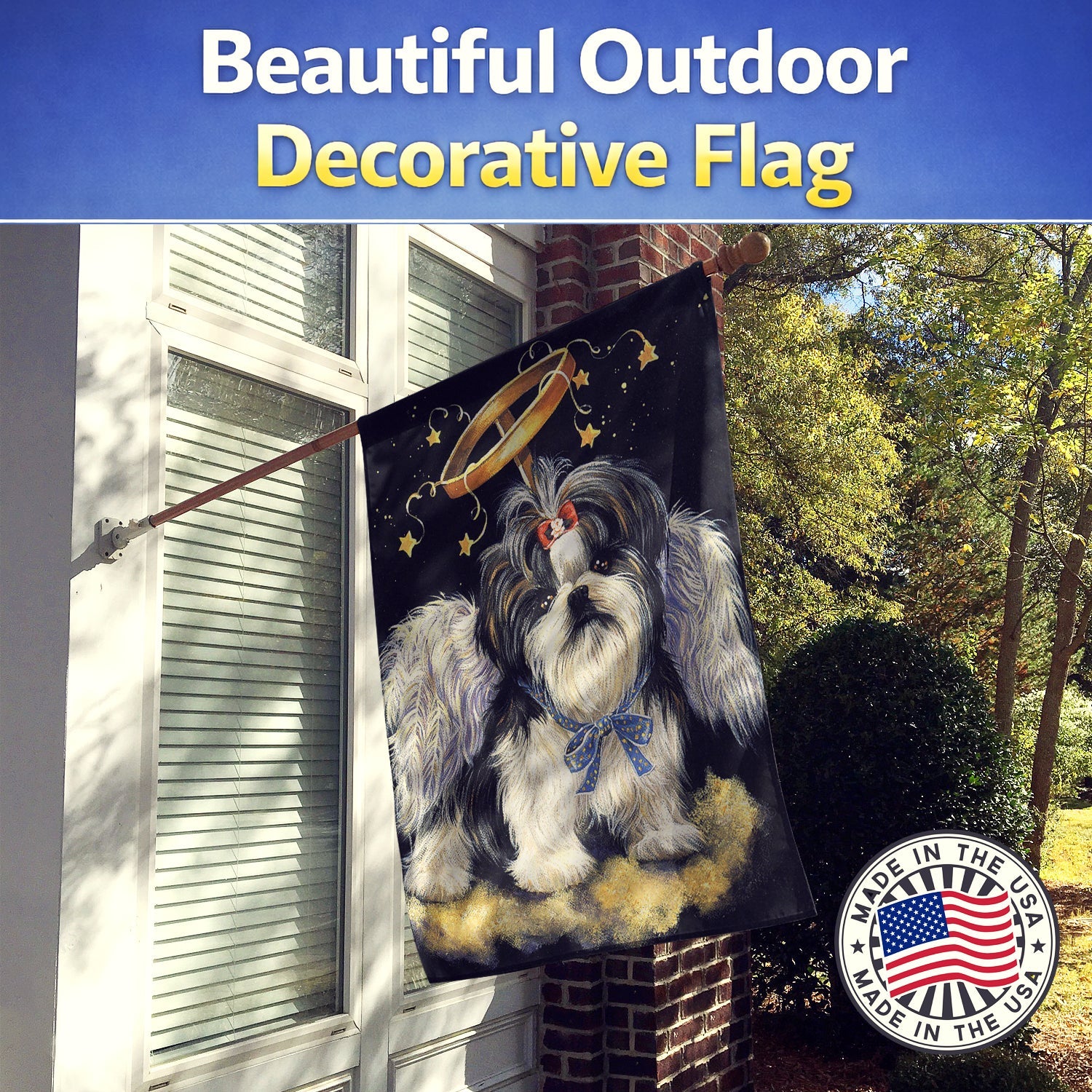 Shih Tzu Christmas Angel House Flag 28x40 Porch Sleeve Pole Decorative Outside Yard Banner Artwork Wall Hanging, Polyester