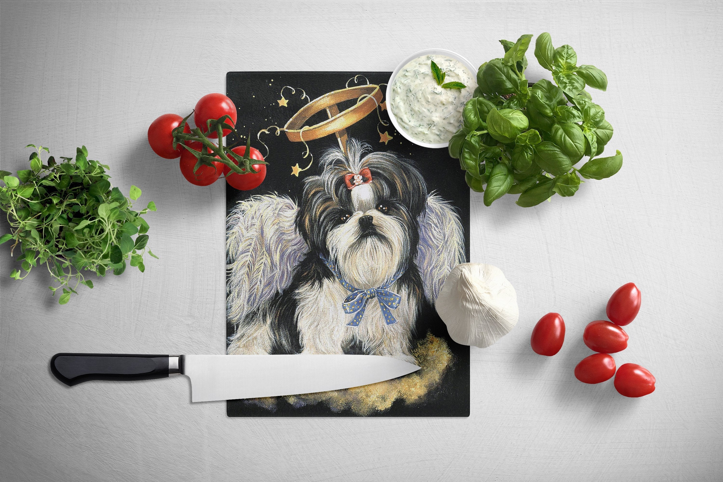 Shih Tzu Christmas Angel Cutting Board Tempered Glass Kitchen Cutting Surface, Heat Resistant Chopping, Non-Slip Feet, Food Prep & Serving