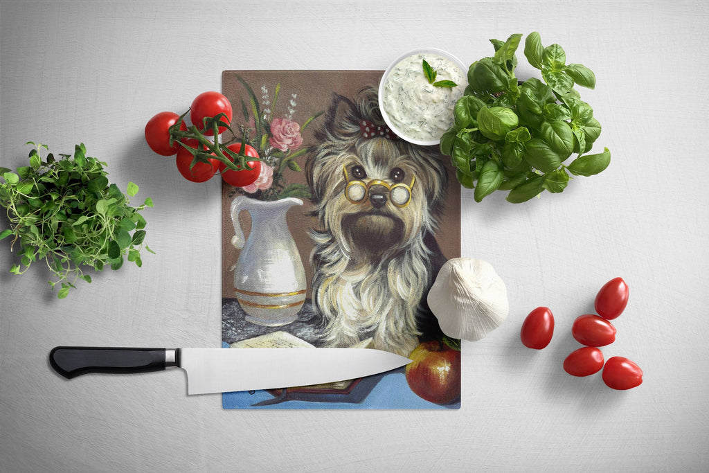 Yorkie Teacher's Pet Cutting Board Tempered Glass Kitchen Cutting Surface, Heat Resistant Chopping, Non-Slip Feet, Food Prep & Serving
