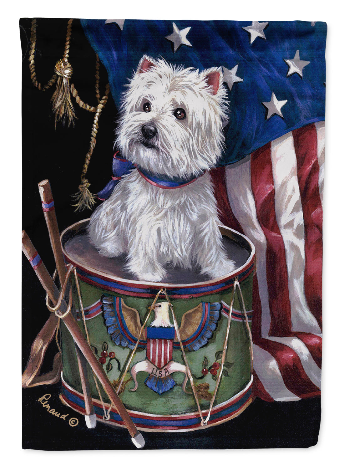 Westie Little Drummer Boy USA House Flag 28x40 Porch Sleeve Pole Decorative Outside Yard Banner Artwork Wall Hanging, Polyester