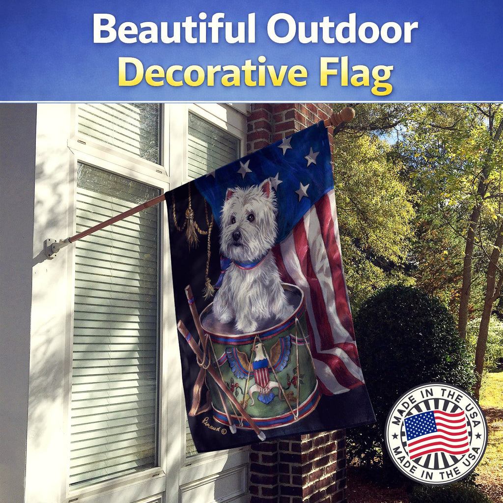 Westie Little Drummer Boy USA House Flag 28x40 Porch Sleeve Pole Decorative Outside Yard Banner Artwork Wall Hanging, Polyester
