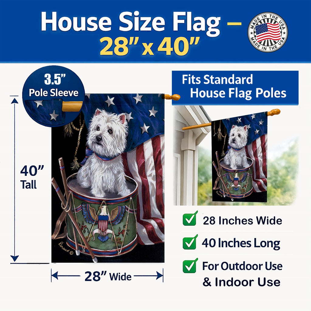 Westie Little Drummer Boy USA House Flag 28x40 Porch Sleeve Pole Decorative Outside Yard Banner Artwork Wall Hanging, Polyester