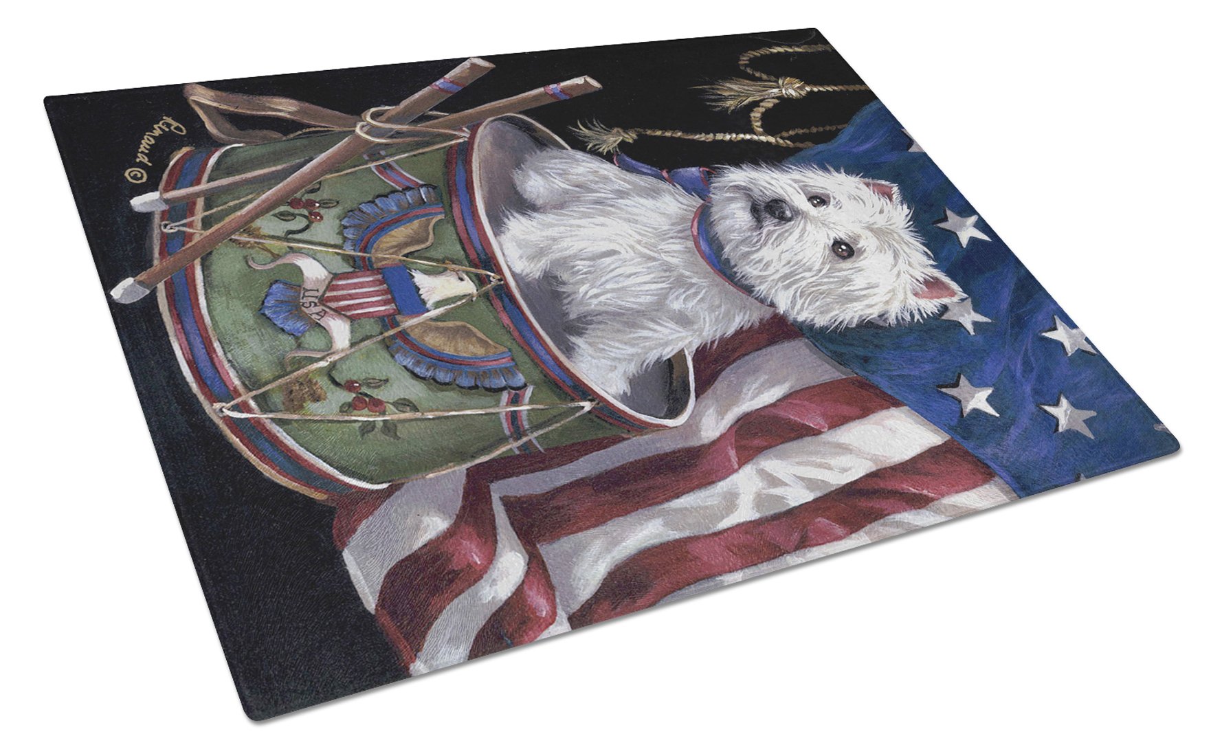 Westie Little Drummer Boy USA Cutting Board Tempered Glass Kitchen Cutting Surface, Heat Resistant Chopping, Non-Slip Feet, Food Prep & Serving