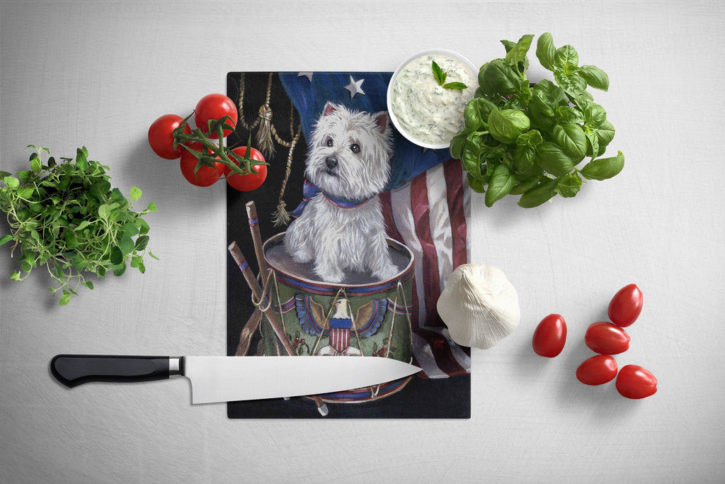 Westie Little Drummer Boy USA Cutting Board Tempered Glass Kitchen Cutting Surface, Heat Resistant Chopping, Non-Slip Feet, Food Prep & Serving