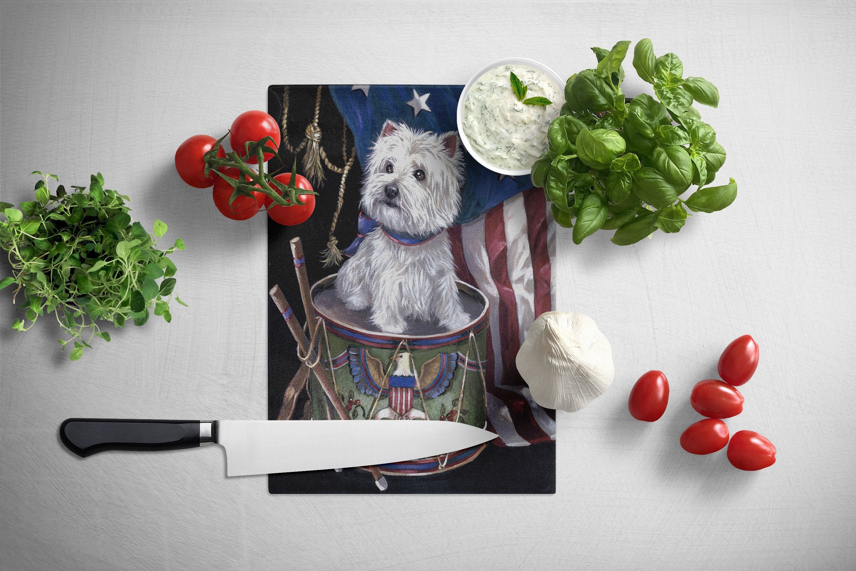 Westie Little Drummer Boy USA Cutting Board Tempered Glass Kitchen Cutting Surface, Heat Resistant Chopping, Non-Slip Feet, Food Prep & Serving