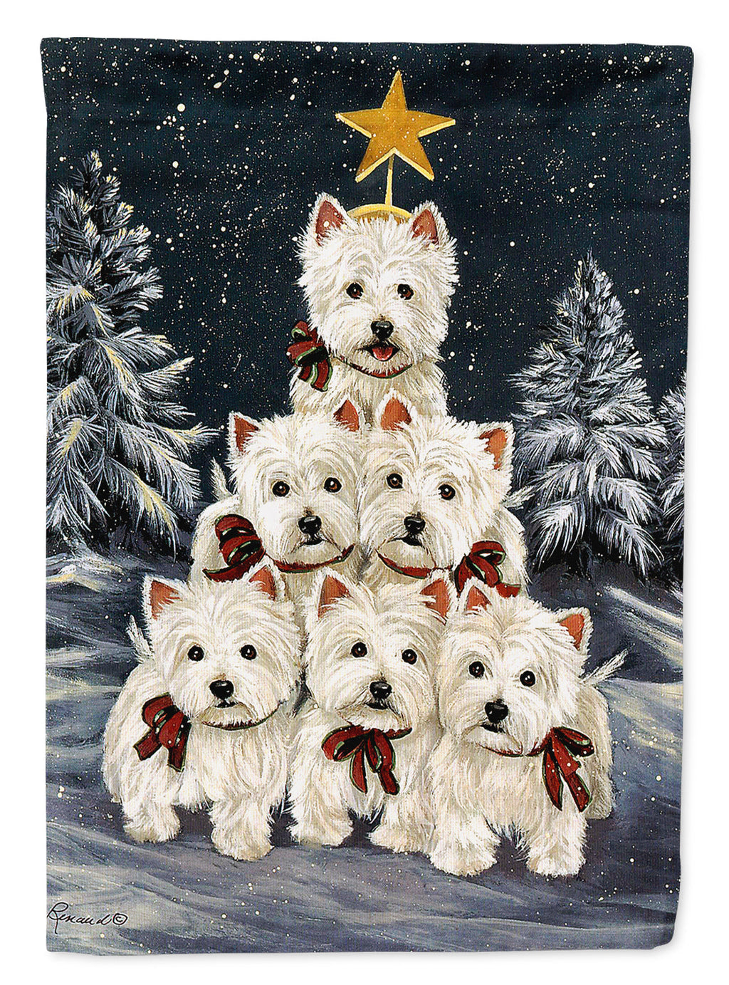 Westie Christmas Family Tree House Flag 28x40 Porch Sleeve Pole Decorative Outside Yard Banner Artwork Wall Hanging, Polyester