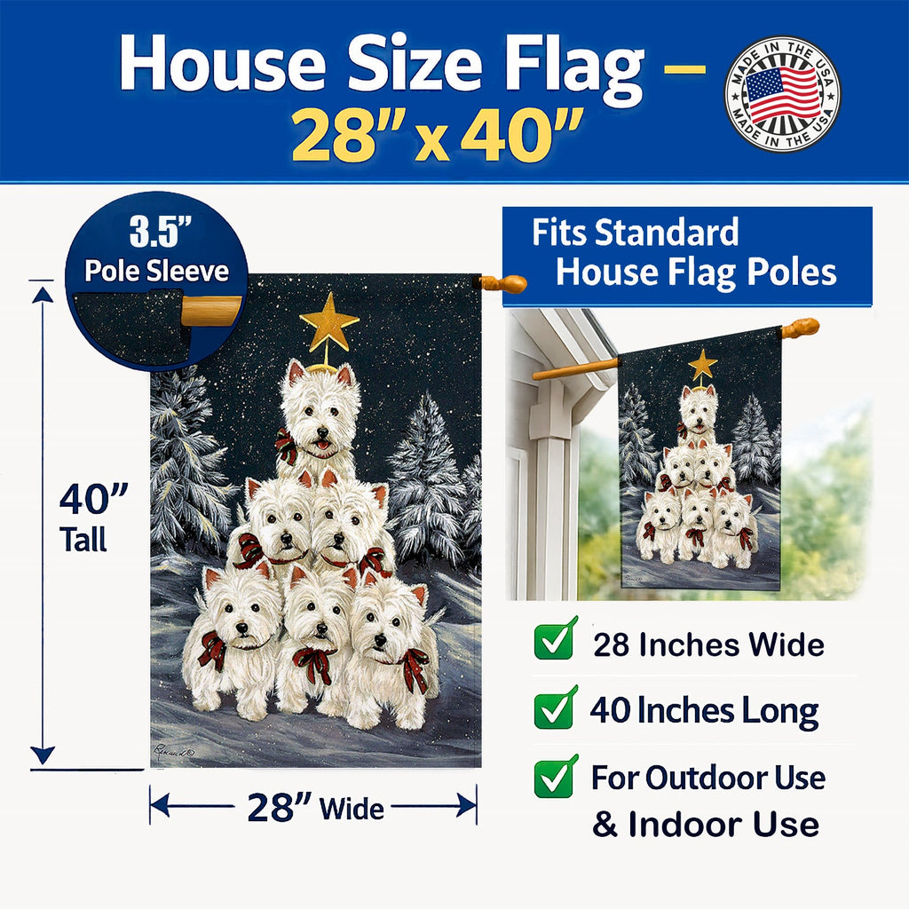 Westie Christmas Family Tree House Flag 28x40 Porch Sleeve Pole Decorative Outside Yard Banner Artwork Wall Hanging, Polyester