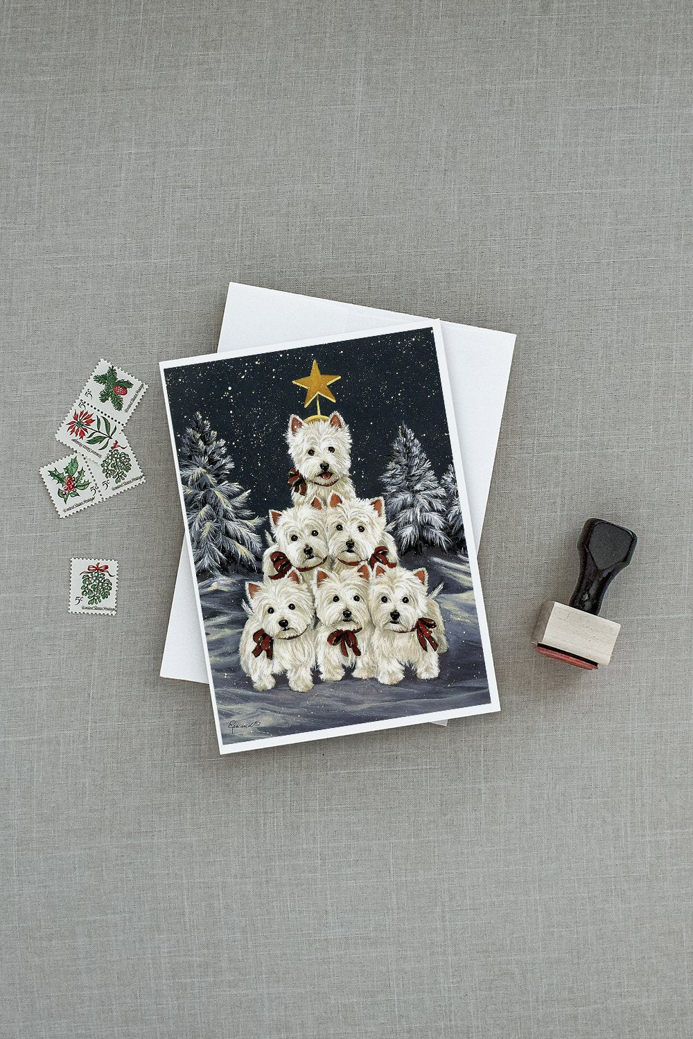Westie Christmas Family Tree Greeting Cards Pack of 8 Blank Cards with Envelopes Whimsical A7 Size 5x7