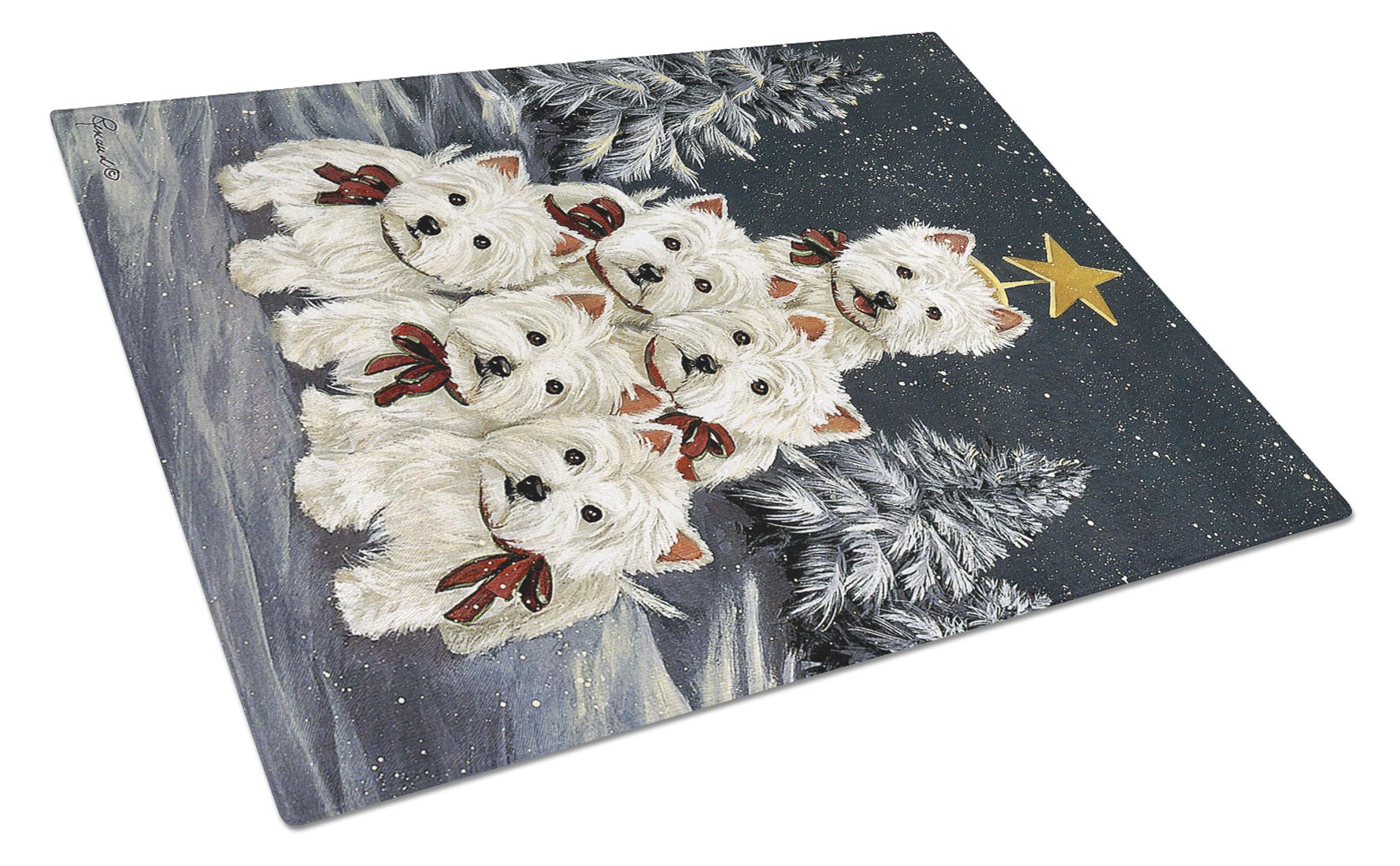 Westie Christmas Family Tree Cutting Board Tempered Glass Kitchen Cutting Surface, Heat Resistant Chopping, Non-Slip Feet, Food Prep & Serving
