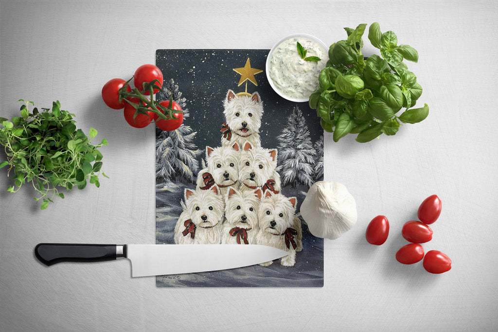Westie Christmas Family Tree Cutting Board Tempered Glass Kitchen Cutting Surface, Heat Resistant Chopping, Non-Slip Feet, Food Prep & Serving