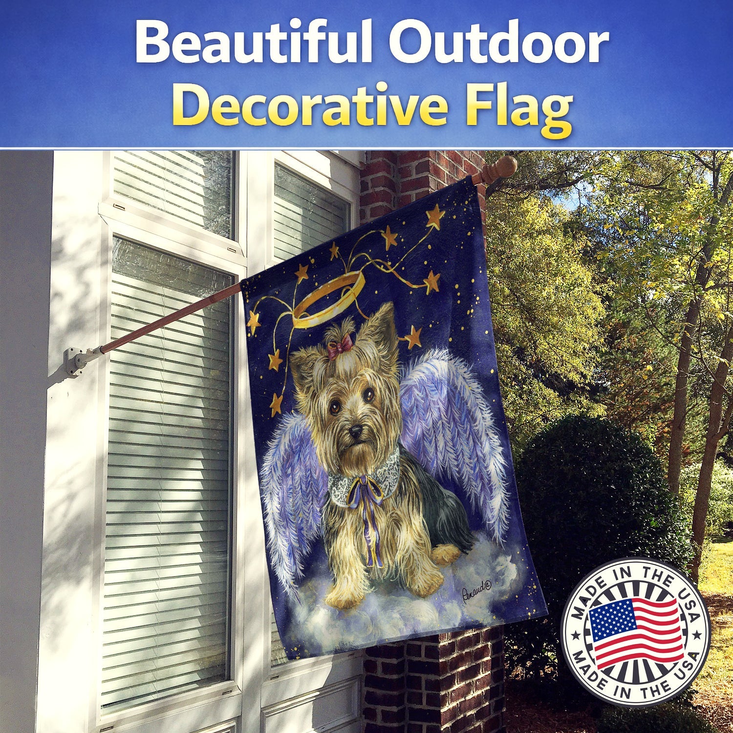 Yorkie Christmas Family Tree House Flag 28x40 Porch Sleeve Pole Decorative Outside Yard Banner Artwork Wall Hanging, Polyester