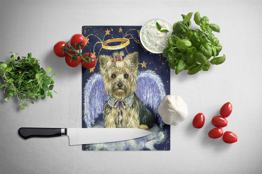 Yorkie Christmas Family Tree Cutting Board Tempered Glass Kitchen Cutting Surface, Heat Resistant Chopping, Non-Slip Feet, Food Prep & Serving