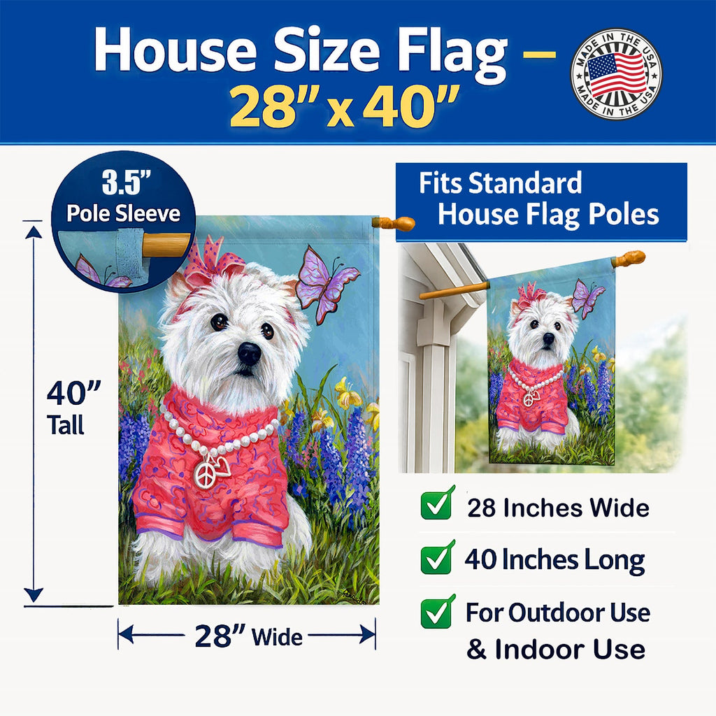 Westie Springtime House Flag 28x40 Porch Sleeve Pole Decorative Outside Yard Banner Artwork Wall Hanging, Polyester
