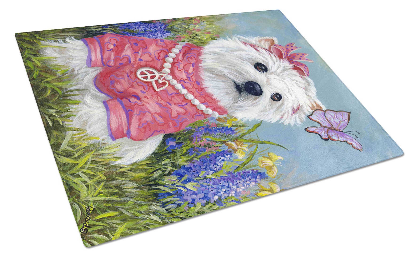 Westie Springtime Cutting Board Tempered Glass Kitchen Cutting Surface, Heat Resistant Chopping, Non-Slip Feet, Food Prep & Serving