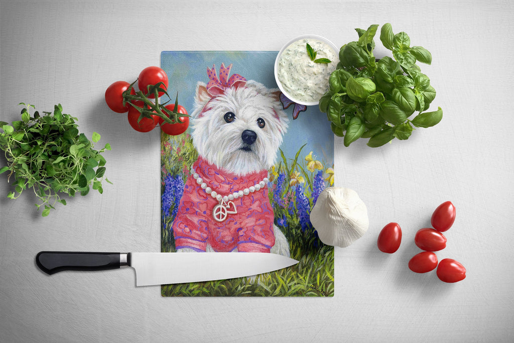 Westie Springtime Cutting Board Tempered Glass Kitchen Cutting Surface, Heat Resistant Chopping, Non-Slip Feet, Food Prep & Serving