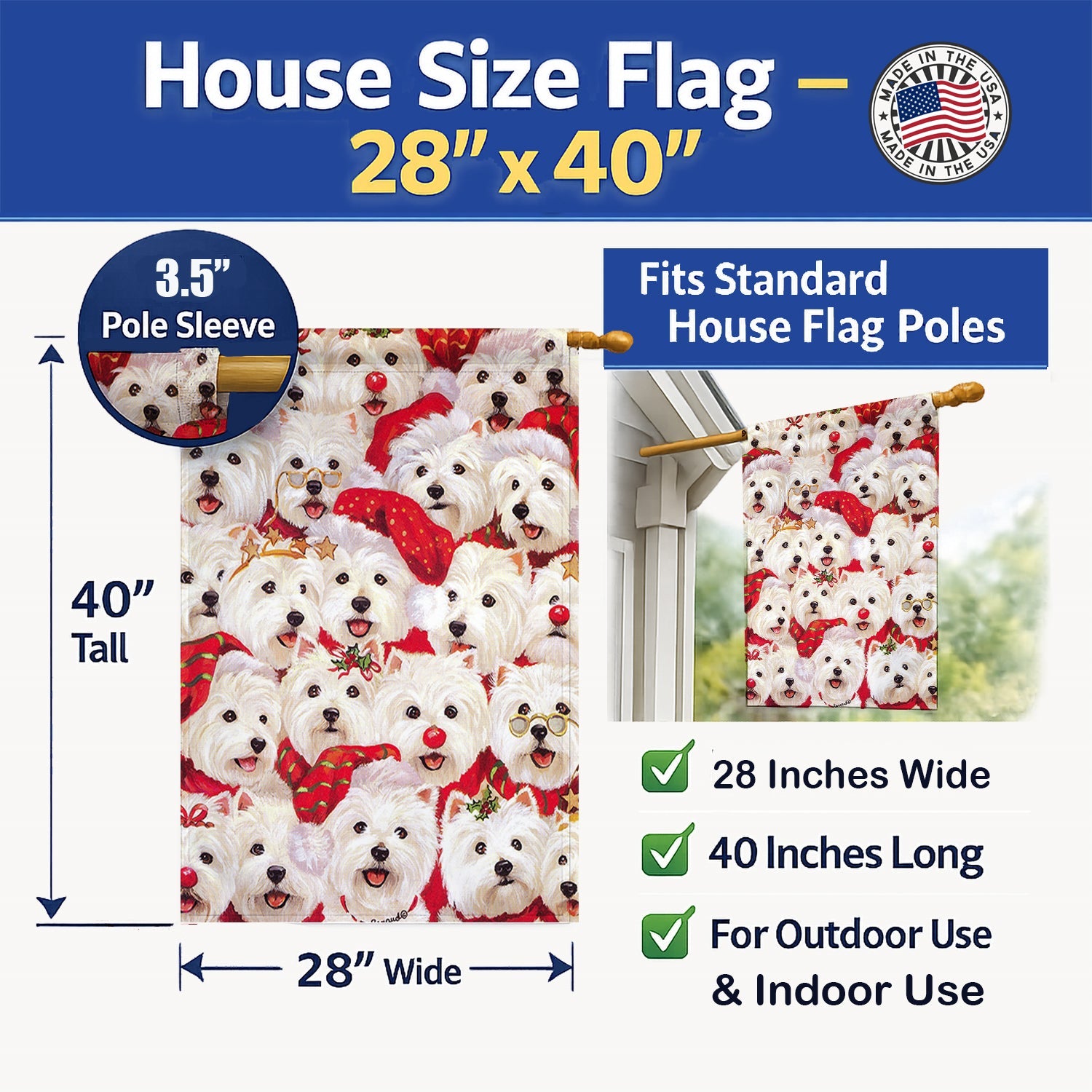 Westie Christmas a Plenty House Flag 28x40 Porch Sleeve Pole Decorative Outside Yard Banner Artwork Wall Hanging, Polyester