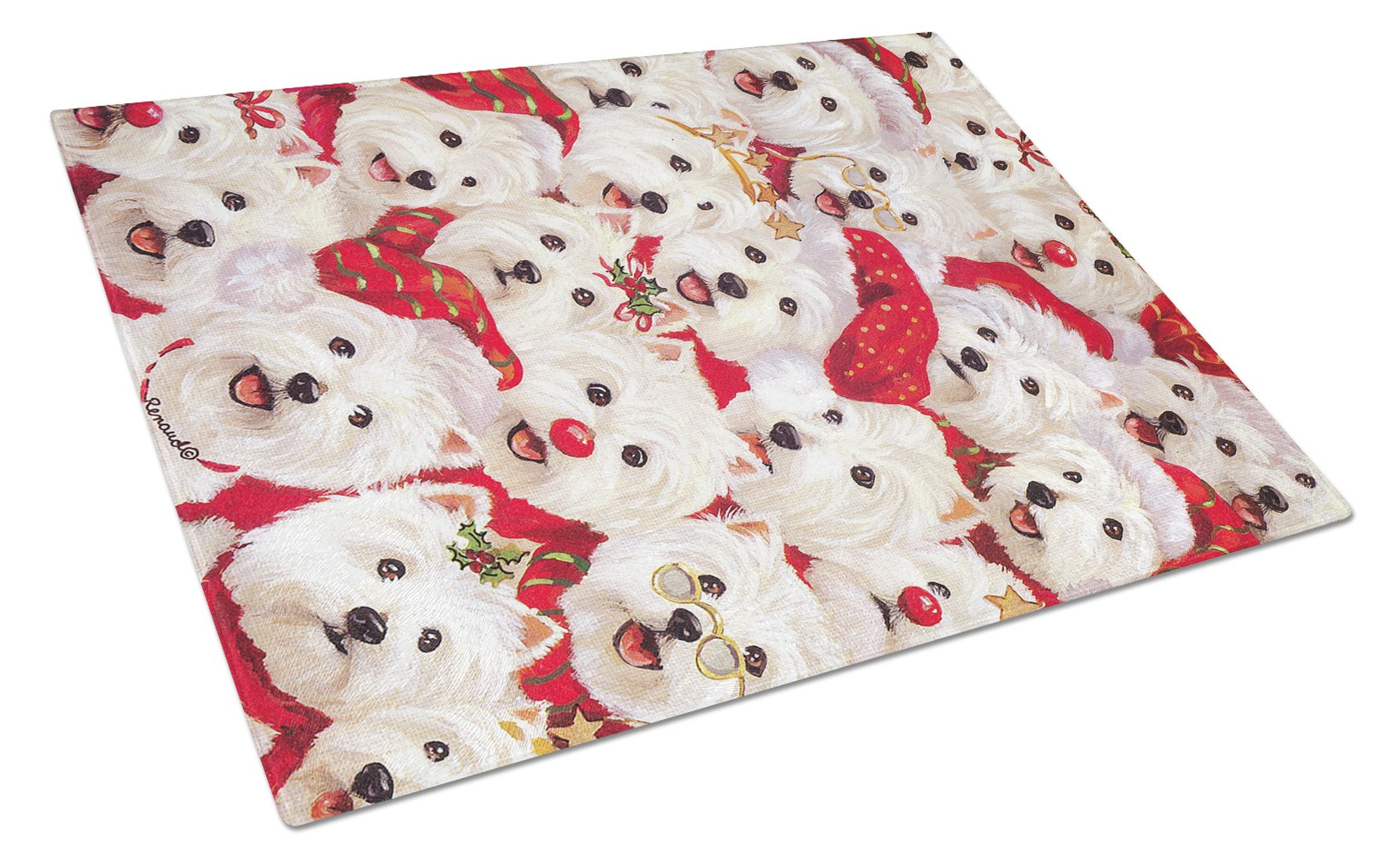 Westie Christmas a Plenty Cutting Board Tempered Glass Kitchen Cutting Surface, Heat Resistant Chopping, Non-Slip Feet, Food Prep & Serving