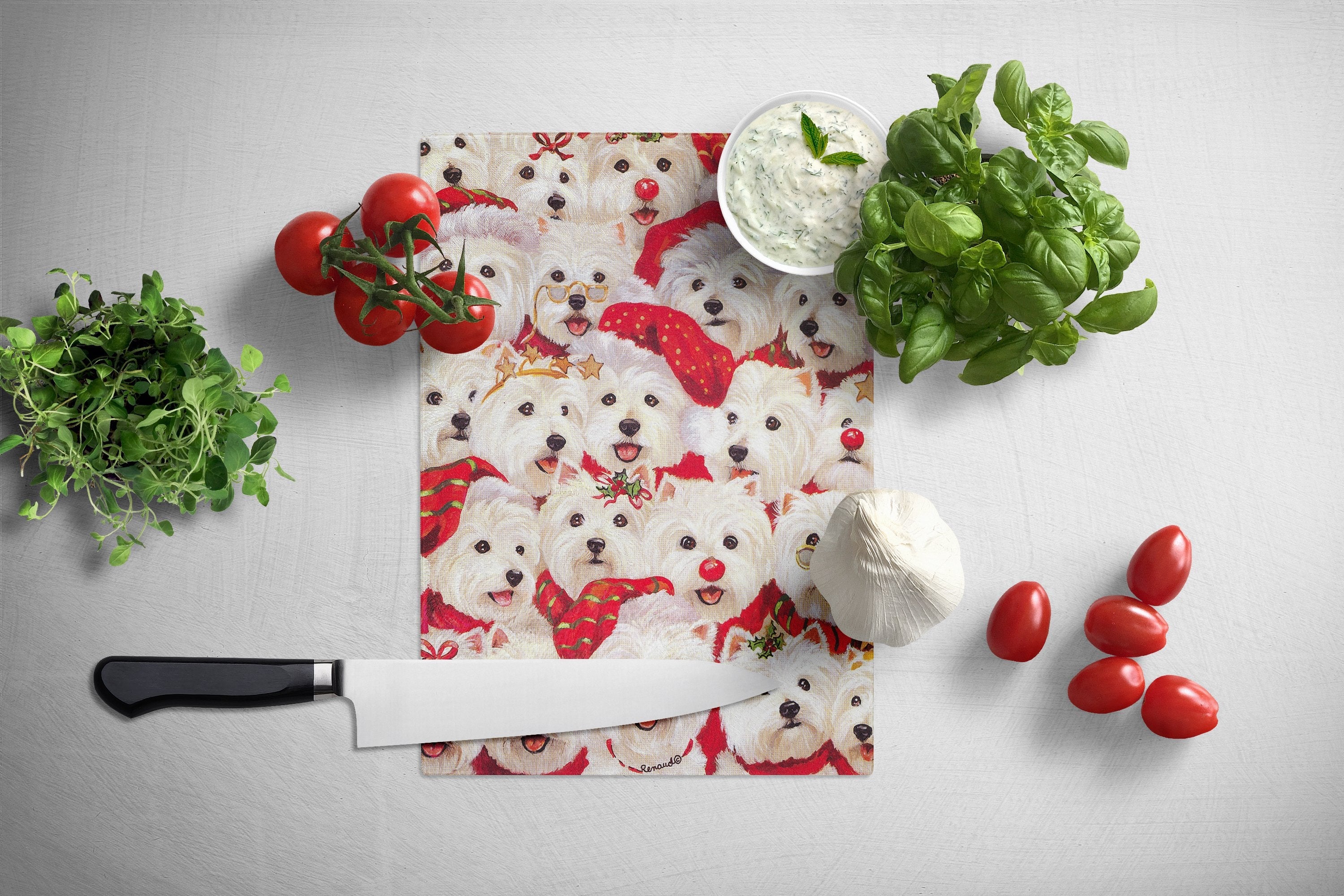 Westie Christmas a Plenty Cutting Board Tempered Glass Kitchen Cutting Surface, Heat Resistant Chopping, Non-Slip Feet, Food Prep & Serving