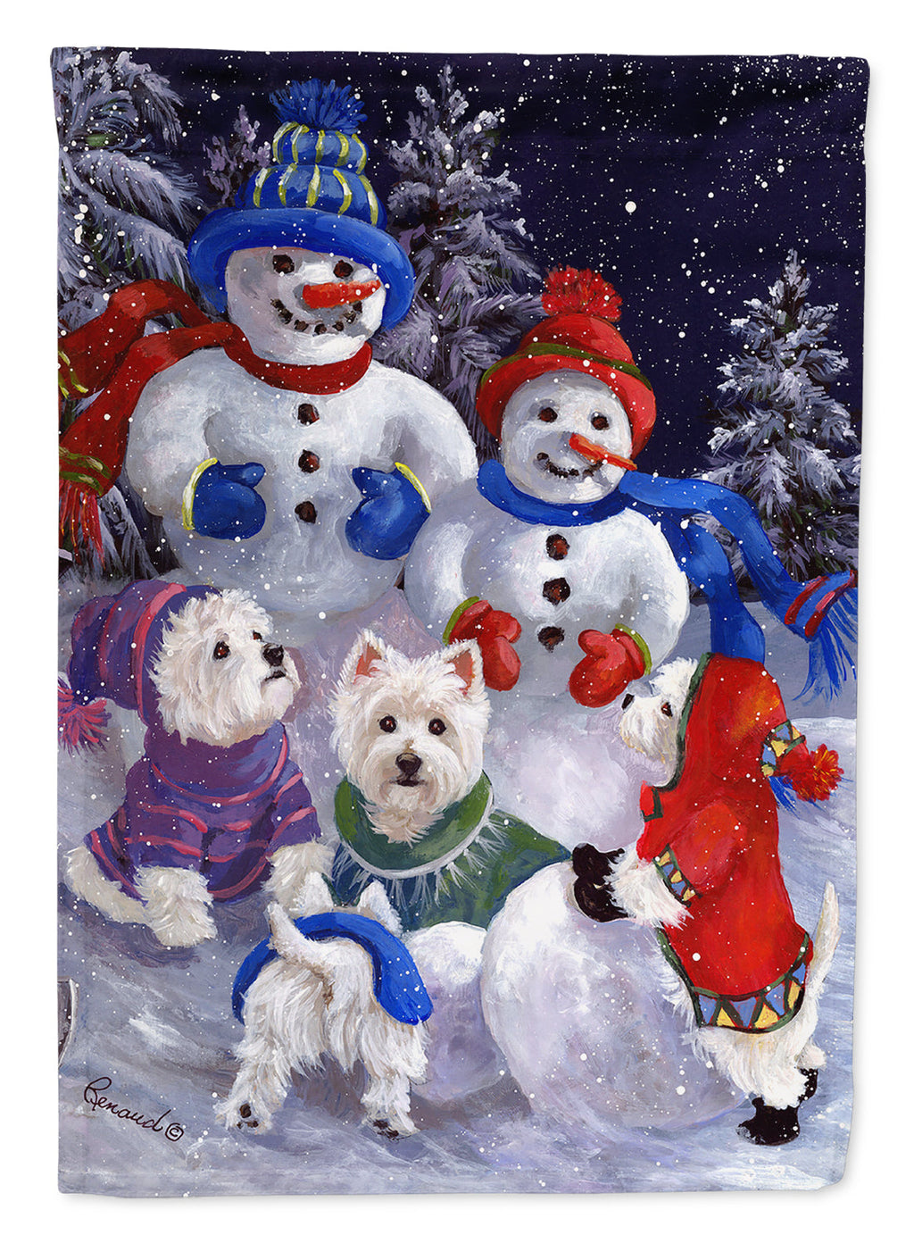 Westie Snowpeople House Flag 28x40 Porch Sleeve Pole Decorative Outside Yard Banner Artwork Wall Hanging, Polyester