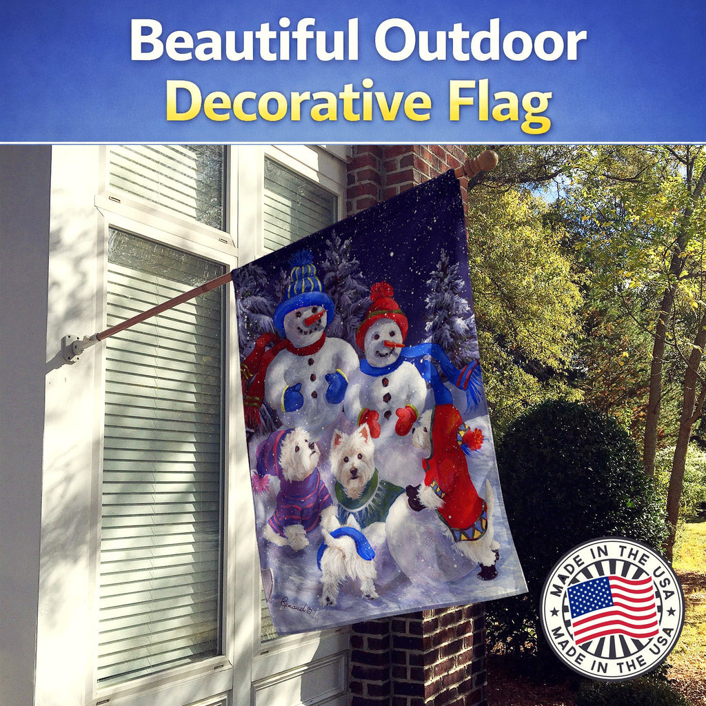 Westie Snowpeople House Flag 28x40 Porch Sleeve Pole Decorative Outside Yard Banner Artwork Wall Hanging, Polyester
