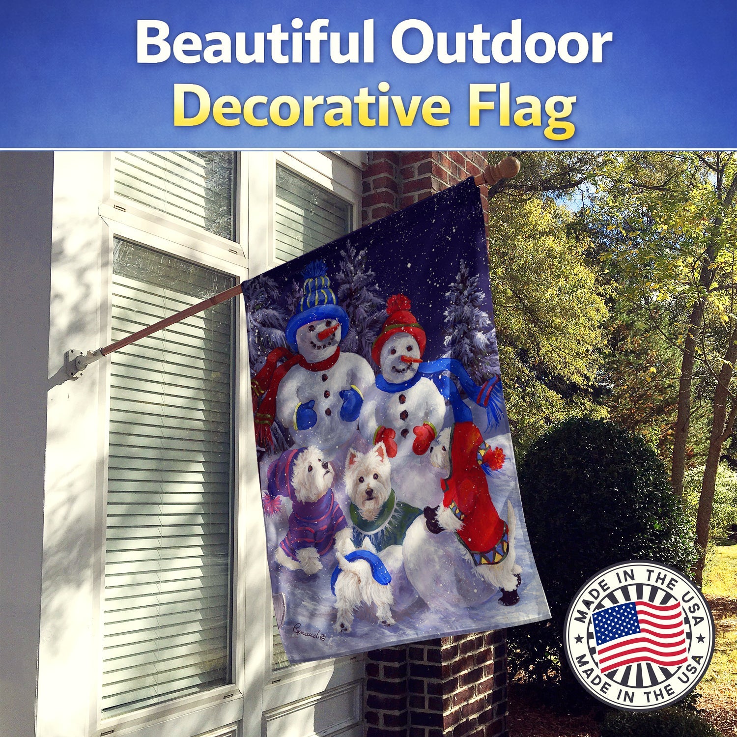 Westie Snowpeople House Flag 28x40 Porch Sleeve Pole Decorative Outside Yard Banner Artwork Wall Hanging, Polyester