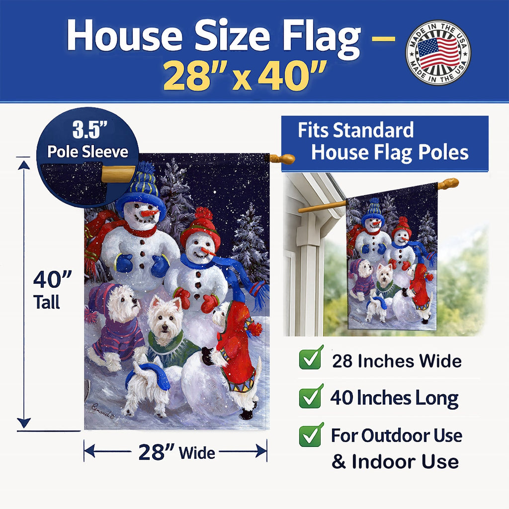 Westie Snowpeople House Flag 28x40 Porch Sleeve Pole Decorative Outside Yard Banner Artwork Wall Hanging, Polyester