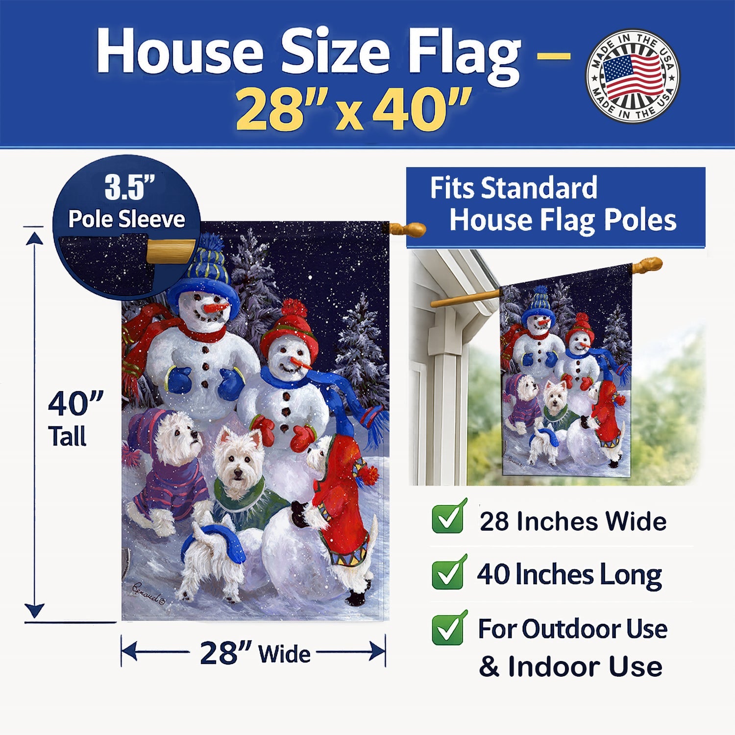 Westie Snowpeople House Flag 28x40 Porch Sleeve Pole Decorative Outside Yard Banner Artwork Wall Hanging, Polyester