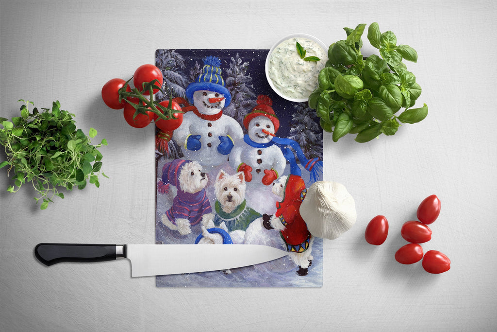 Westie Snowpeople Cutting Board Tempered Glass Kitchen Cutting Surface, Heat Resistant Chopping, Non-Slip Feet, Food Prep & Serving