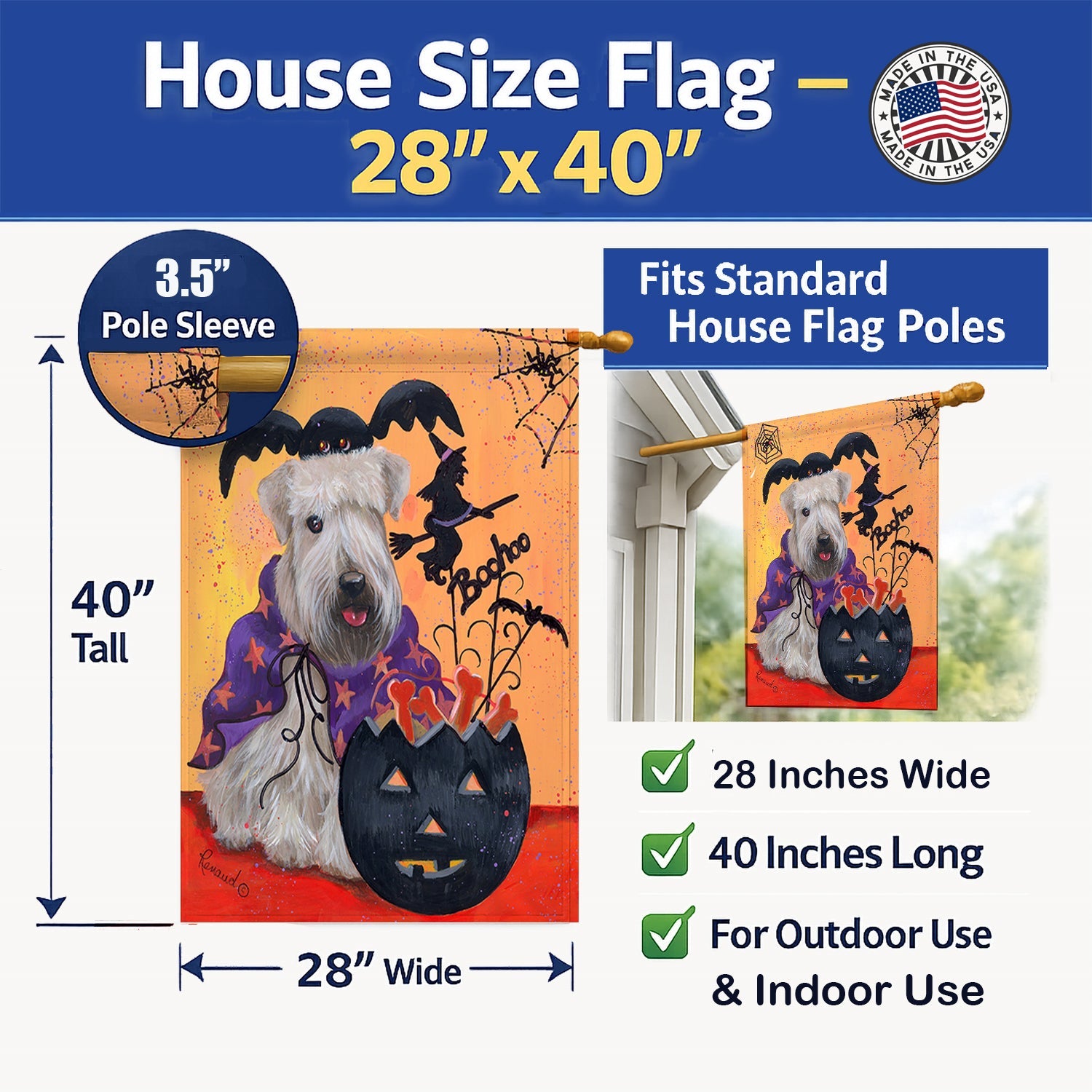 Wheaten Terrier Halloween House Flag 28x40 Porch Sleeve Pole Decorative Outside Yard Banner Artwork Wall Hanging, Polyester