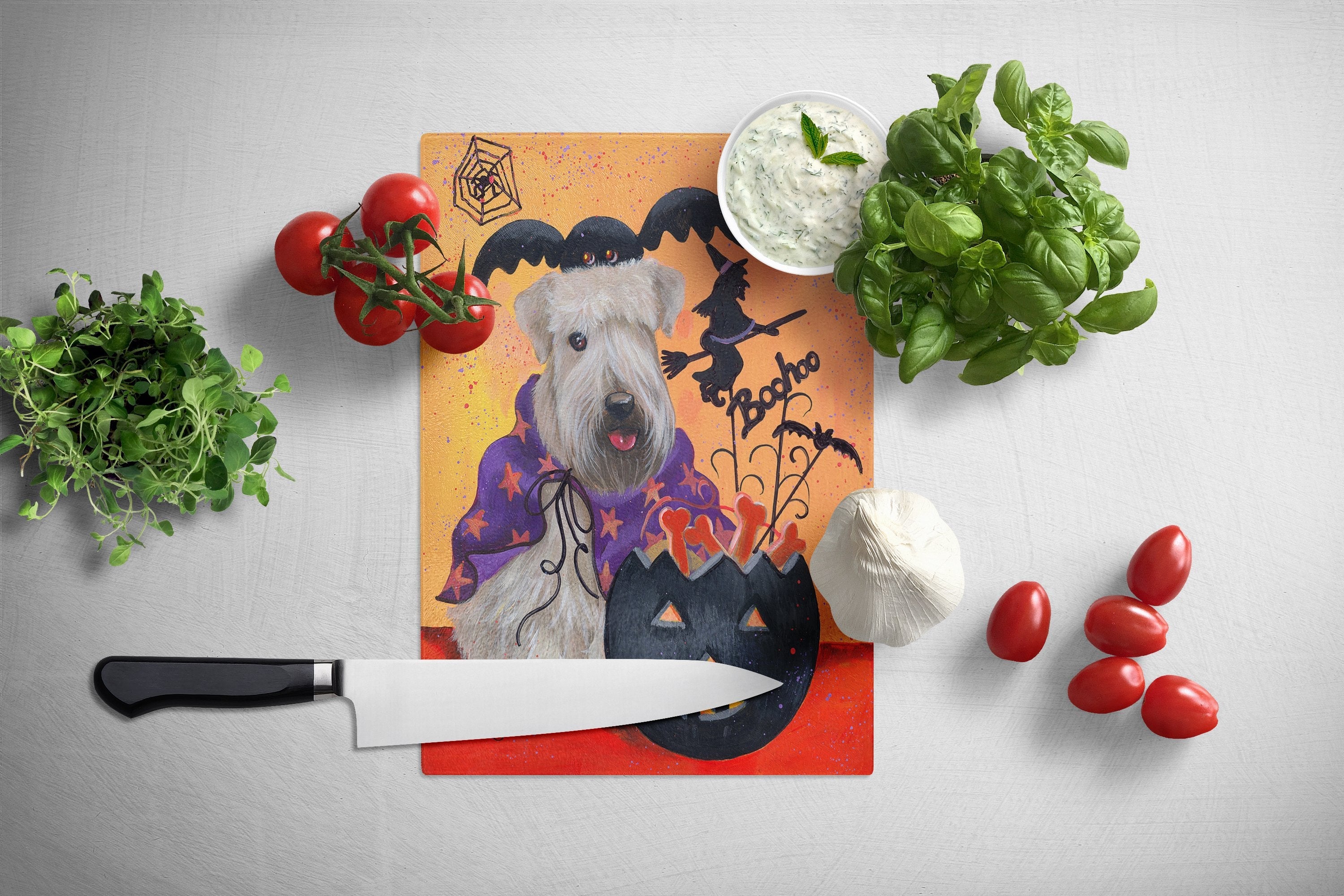 Wheaten Terrier Halloween Cutting Board Tempered Glass Kitchen Cutting Surface, Heat Resistant Chopping, Non-Slip Feet, Food Prep & Serving