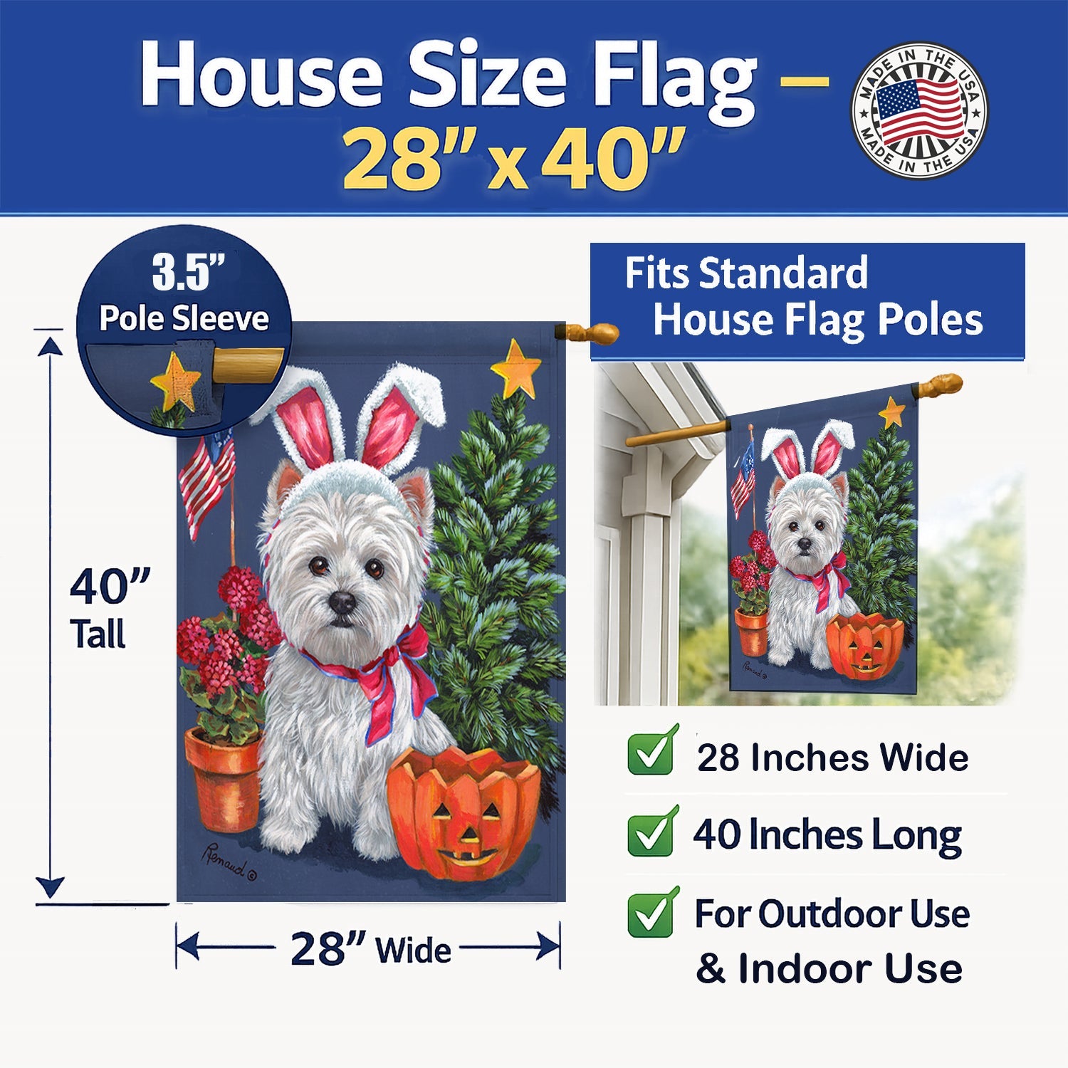 Westie for All Seasons House Flag 28x40 Porch Sleeve Pole Decorative Outside Yard Banner Artwork Wall Hanging, Polyester