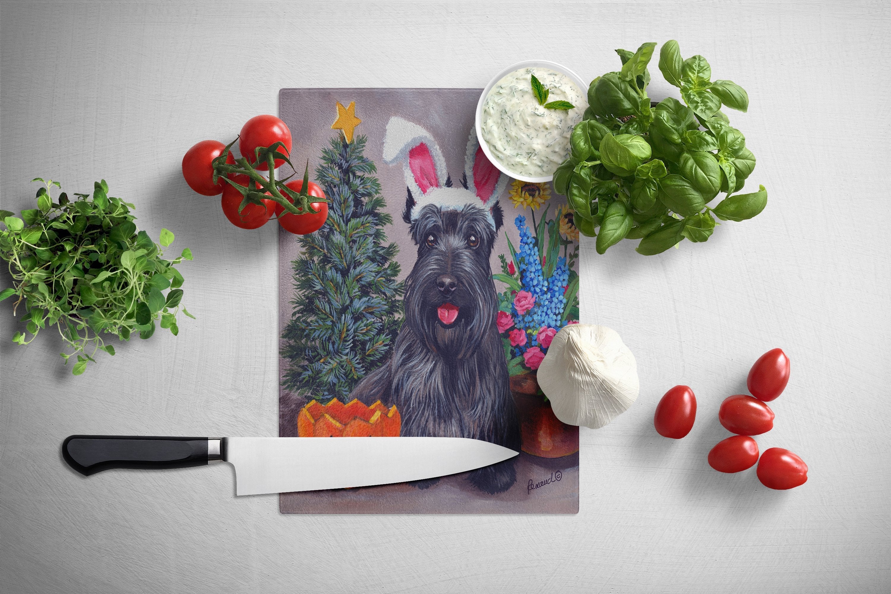 Scottish Terrier Scottie for All Seasons Cutting Board Tempered Glass Kitchen Cutting Surface, Heat Resistant Chopping, Non-Slip Feet, Food Prep & Serving