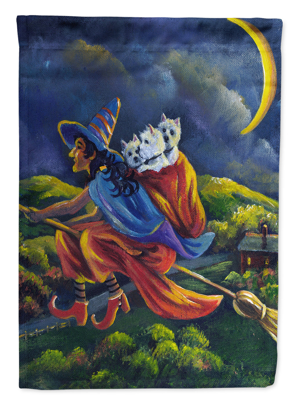 Westie Halloween Witch House Flag 28x40 Porch Sleeve Pole Decorative Outside Yard Banner Artwork Wall Hanging, Polyester
