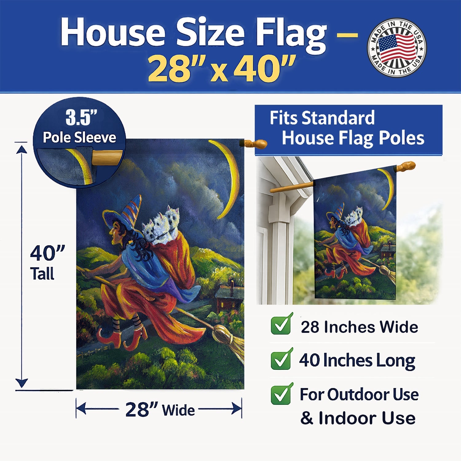 Westie Halloween Witch House Flag 28x40 Porch Sleeve Pole Decorative Outside Yard Banner Artwork Wall Hanging, Polyester