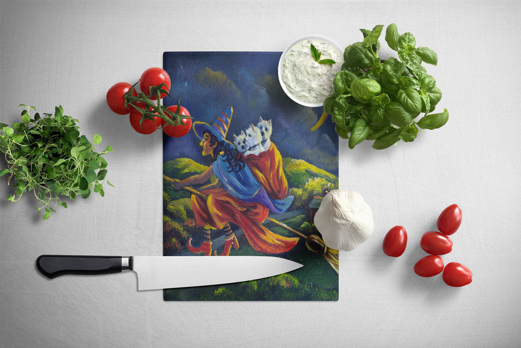 Westie Halloween Witch Cutting Board Tempered Glass Kitchen Cutting Surface, Heat Resistant Chopping, Non-Slip Feet, Food Prep & Serving