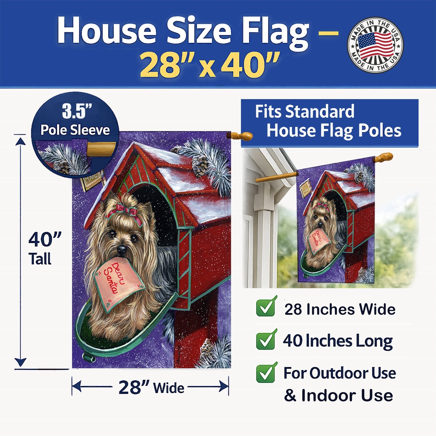 Yorkie Christmas Letter to Santa House Flag 28x40 Porch Sleeve Pole Decorative Outside Yard Banner Artwork Wall Hanging, Polyester