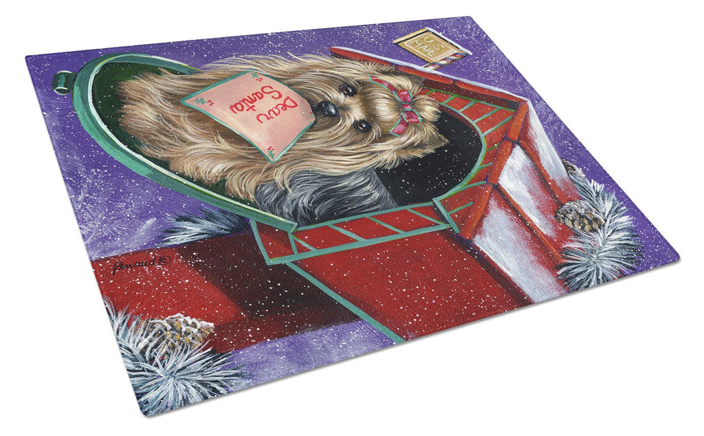 Yorkie Christmas Letter to Santa Cutting Board Tempered Glass Kitchen Cutting Surface, Heat Resistant Chopping, Non-Slip Feet, Food Prep & Serving