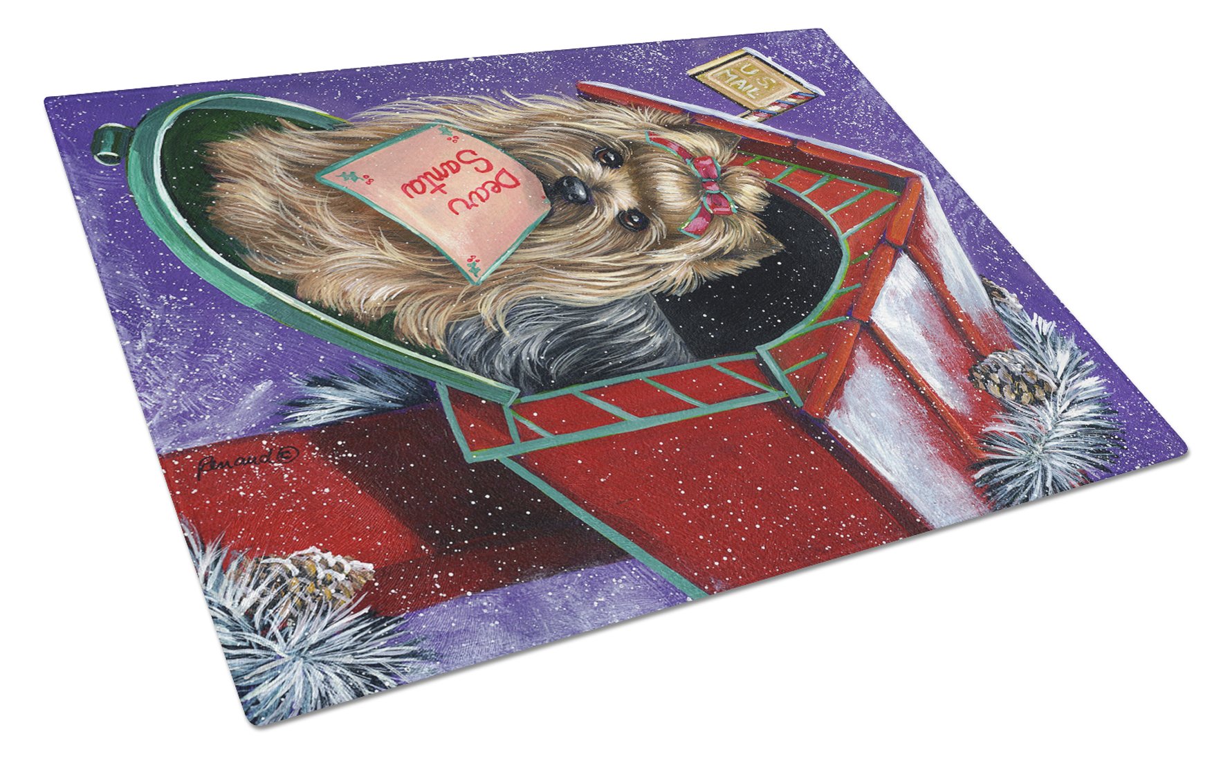 Yorkie Christmas Letter to Santa Cutting Board Tempered Glass Kitchen Cutting Surface, Heat Resistant Chopping, Non-Slip Feet, Food Prep & Serving