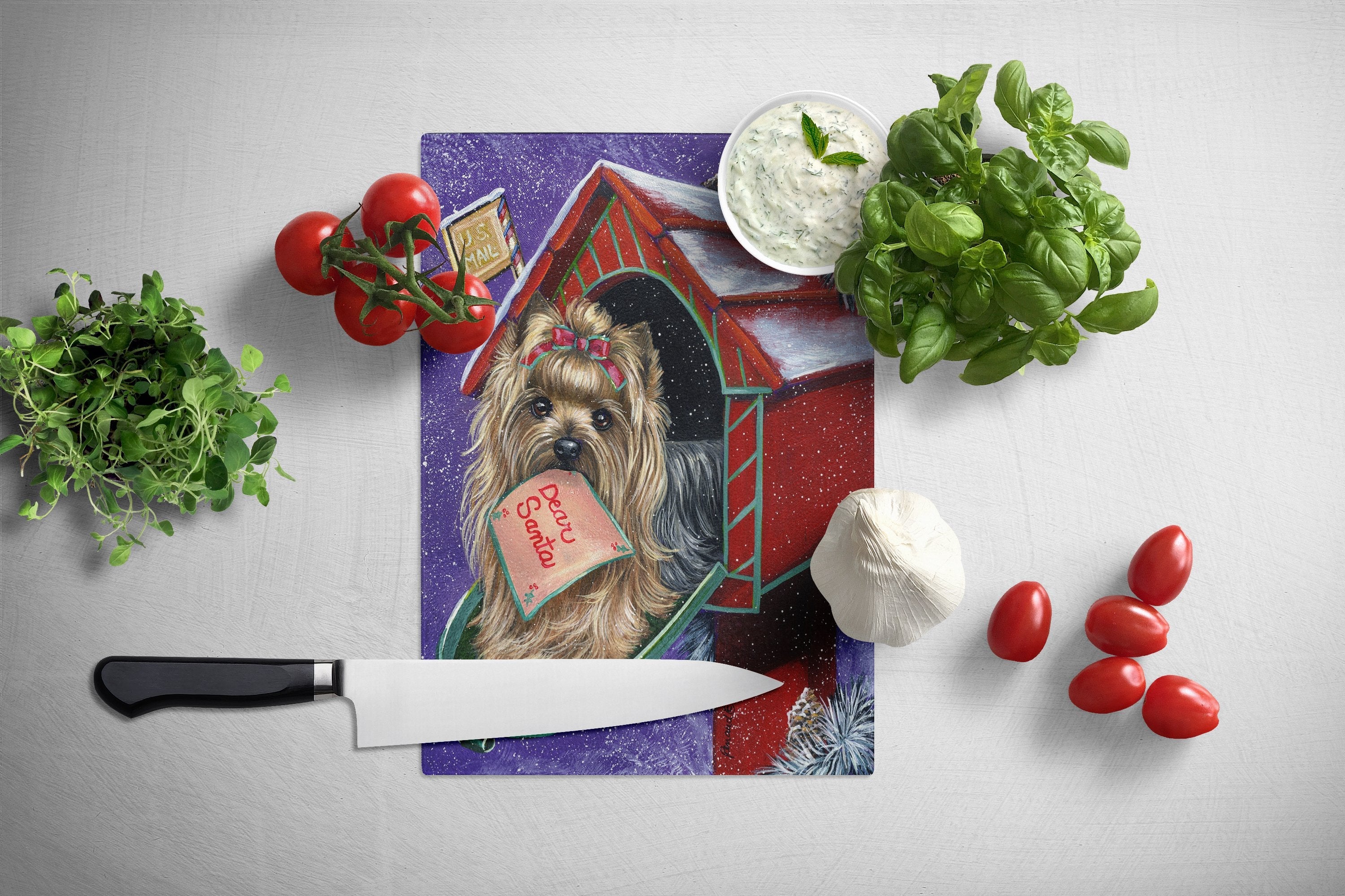 Yorkie Christmas Letter to Santa Cutting Board Tempered Glass Kitchen Cutting Surface, Heat Resistant Chopping, Non-Slip Feet, Food Prep & Serving