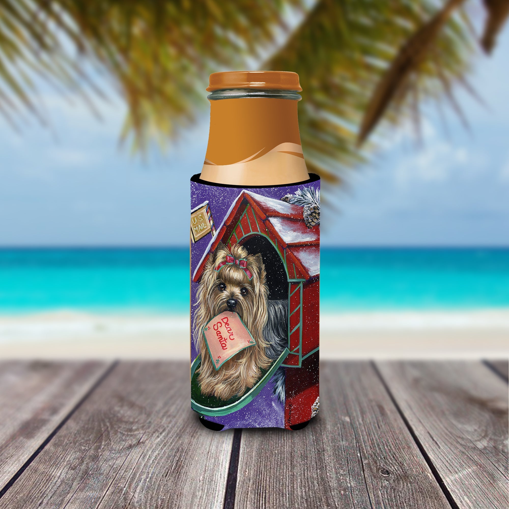 Yorkie Christmas Letter to Santa Slim Can Hugger , Insulated Foam Hugger for 12 oz Slim Cans, Beer Bottles & Water Bottles, Printed in USA