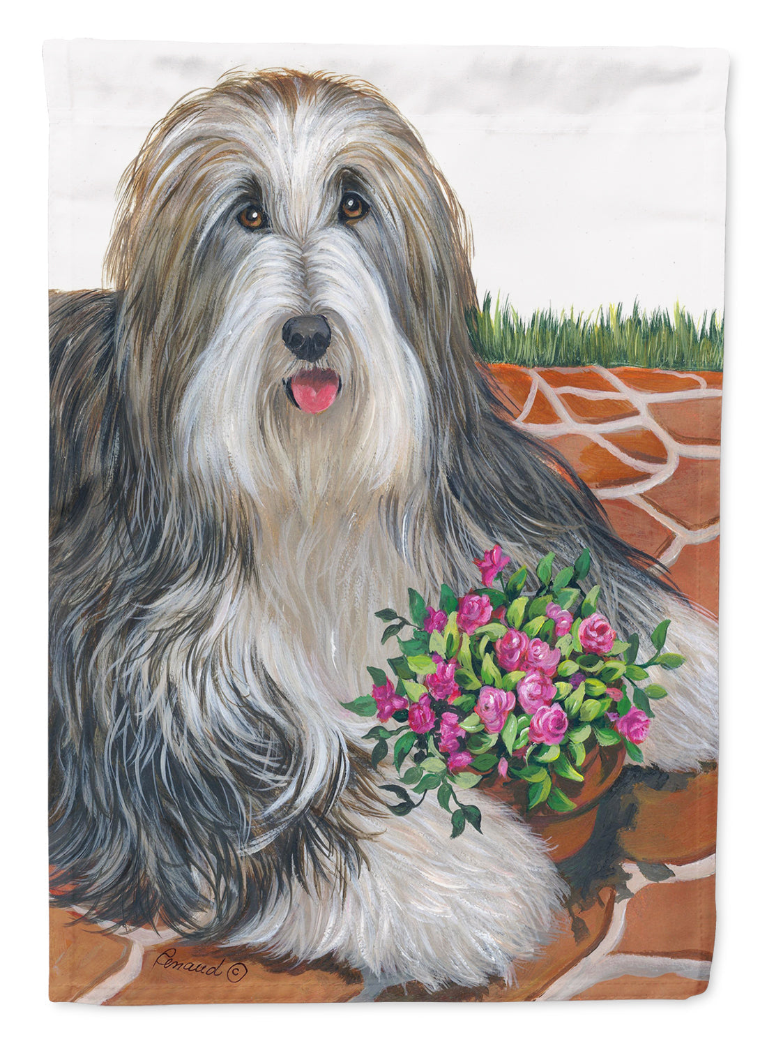 Bearded Collie Pot of Roses House Flag 28x40 Porch Sleeve Pole Decorative Outside Yard Banner Artwork Wall Hanging, Polyester