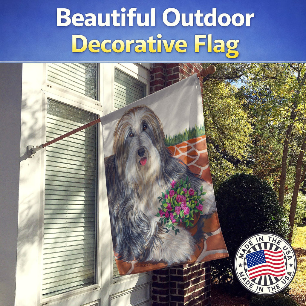 Bearded Collie Pot of Roses House Flag 28x40 Porch Sleeve Pole Decorative Outside Yard Banner Artwork Wall Hanging, Polyester