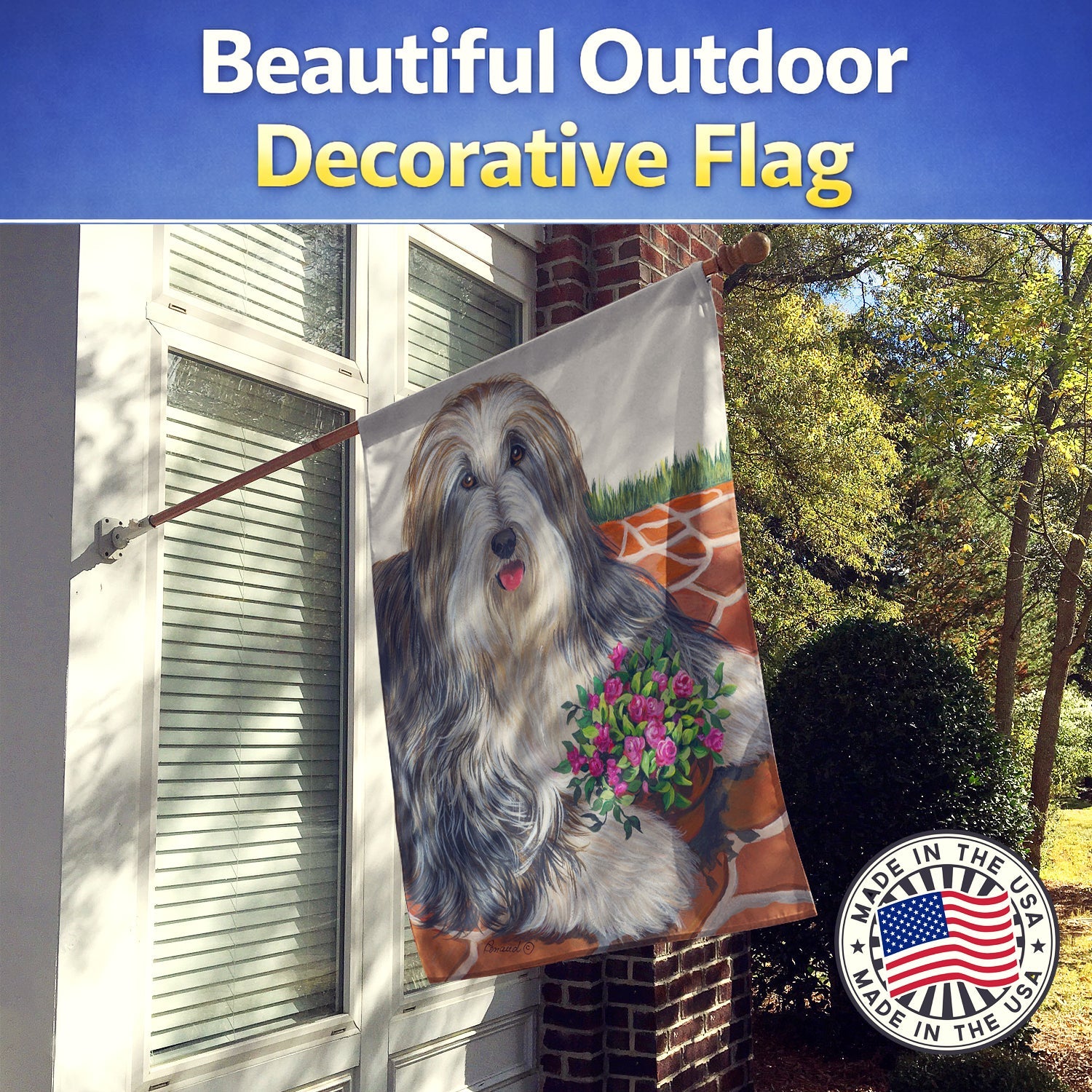 Bearded Collie Pot of Roses House Flag 28x40 Porch Sleeve Pole Decorative Outside Yard Banner Artwork Wall Hanging, Polyester