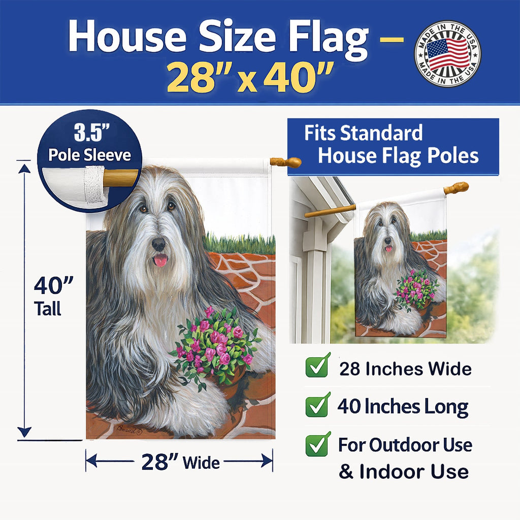 Bearded Collie Pot of Roses House Flag 28x40 Porch Sleeve Pole Decorative Outside Yard Banner Artwork Wall Hanging, Polyester