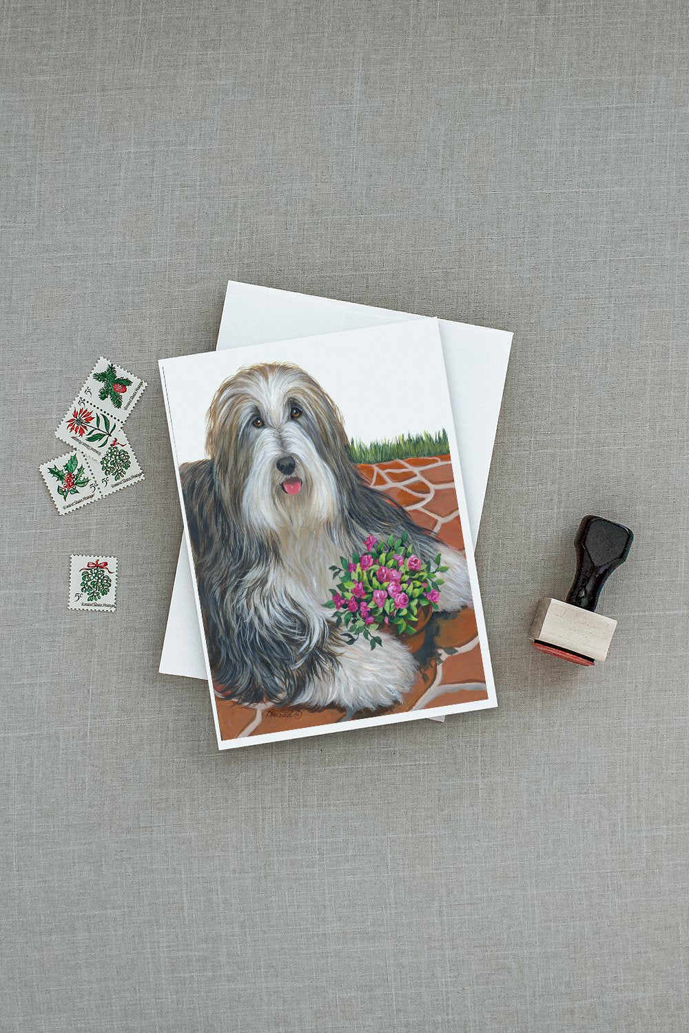 Bearded Collie Pot of Roses Greeting Cards Pack of 8 Blank Cards with Envelopes Whimsical A7 Size 5x7