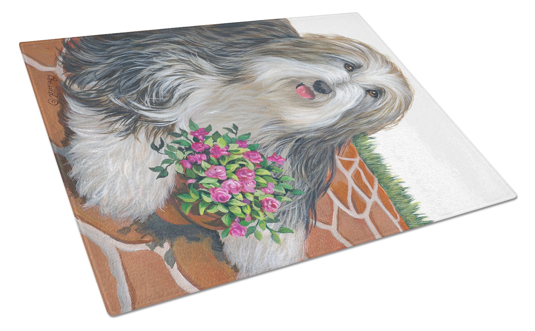 Bearded Collie Pot of Roses Cutting Board Tempered Glass Kitchen Cutting Surface, Heat Resistant Chopping, Non-Slip Feet, Food Prep & Serving
