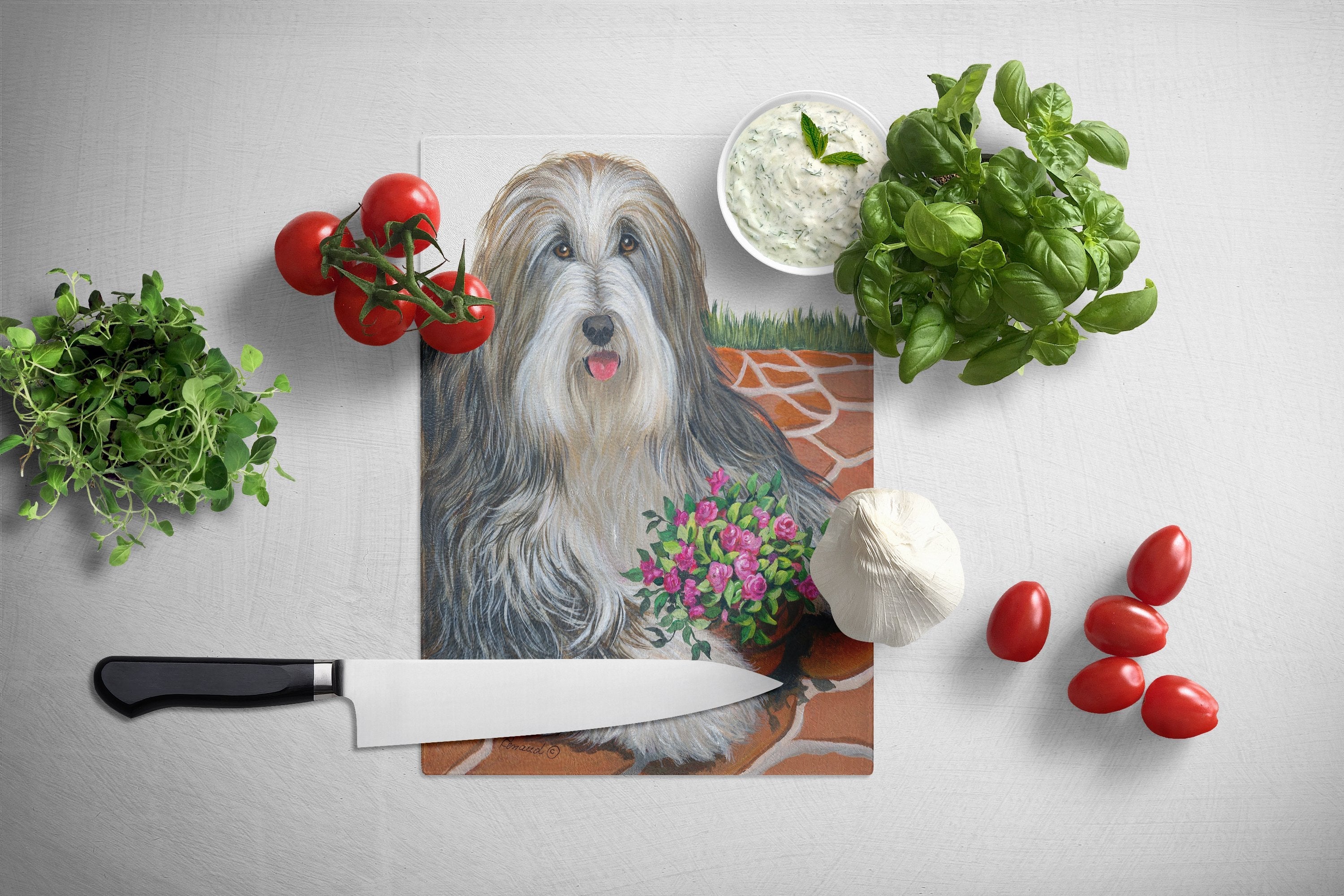 Bearded Collie Pot of Roses Cutting Board Tempered Glass Kitchen Cutting Surface, Heat Resistant Chopping, Non-Slip Feet, Food Prep & Serving