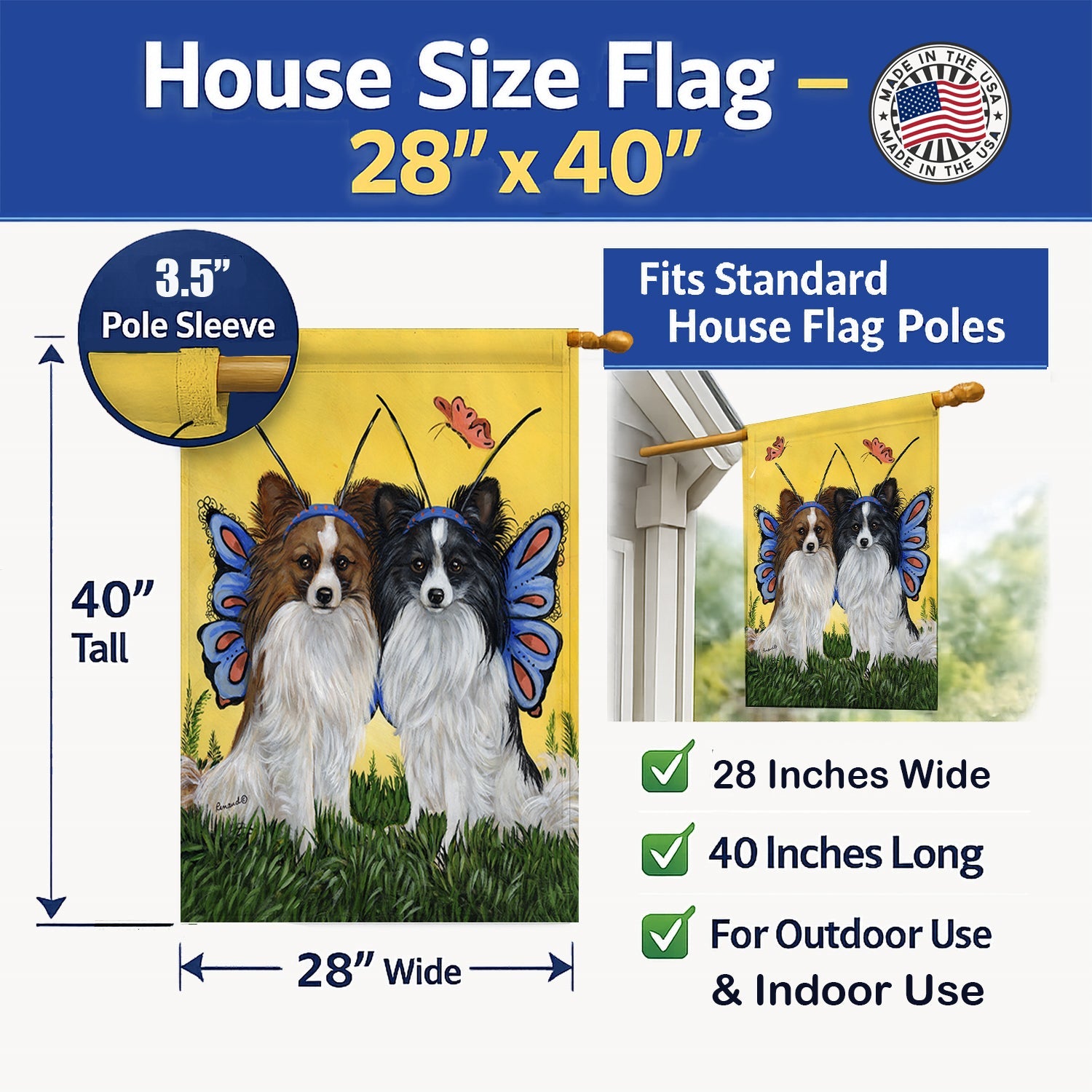 Papillon Butterflies House Flag 28x40 Porch Sleeve Pole Decorative Outside Yard Banner Artwork Wall Hanging, Polyester